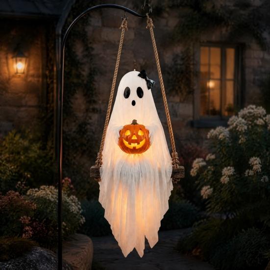 Halloween Gathering Decorations Lighted Ghost Swing with Glowing Pumpkin, Hanging Spooky Decor Indoor Outdoor Holiday for Porch Yard, LED Floating
