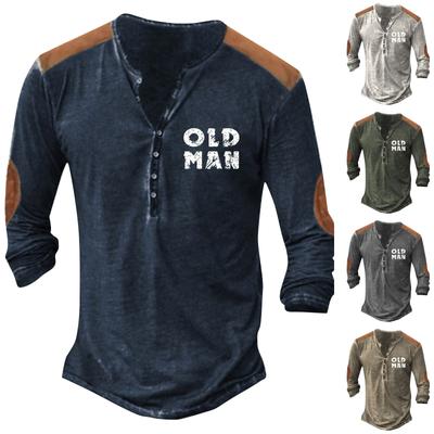 Męska koszulka z nadrukiem Outdoor Retro Guziki Luźny Długi Rękaw Top