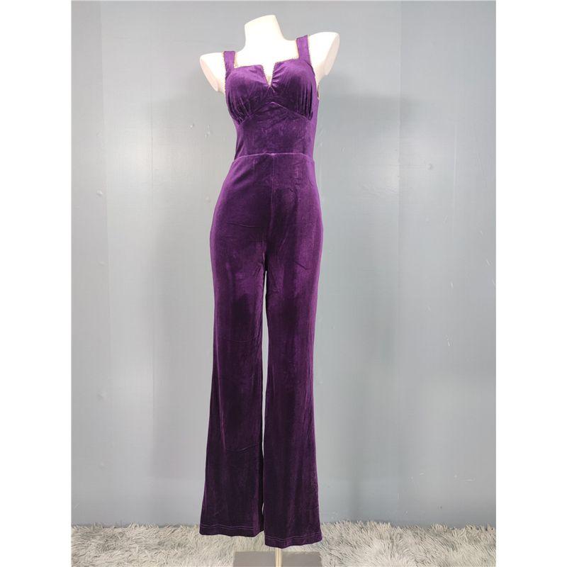 

Французский стиль темперамент Лу домашние бриллиантовые украшения блестящий фиолетовый бархатная текстура сексуальный комбинезон-футляр с низким вырезом и брюками с нагрудником Purple L