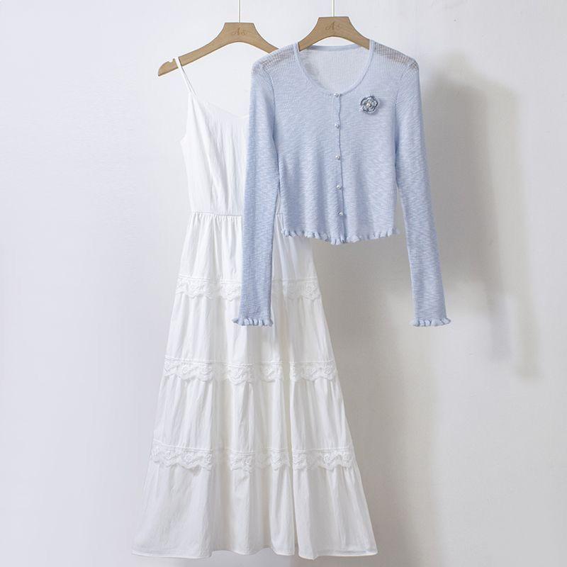 Sweet 2026 White Camisole & Knit Cardigan Skirt Set – New Fashion Two-Piece Dress