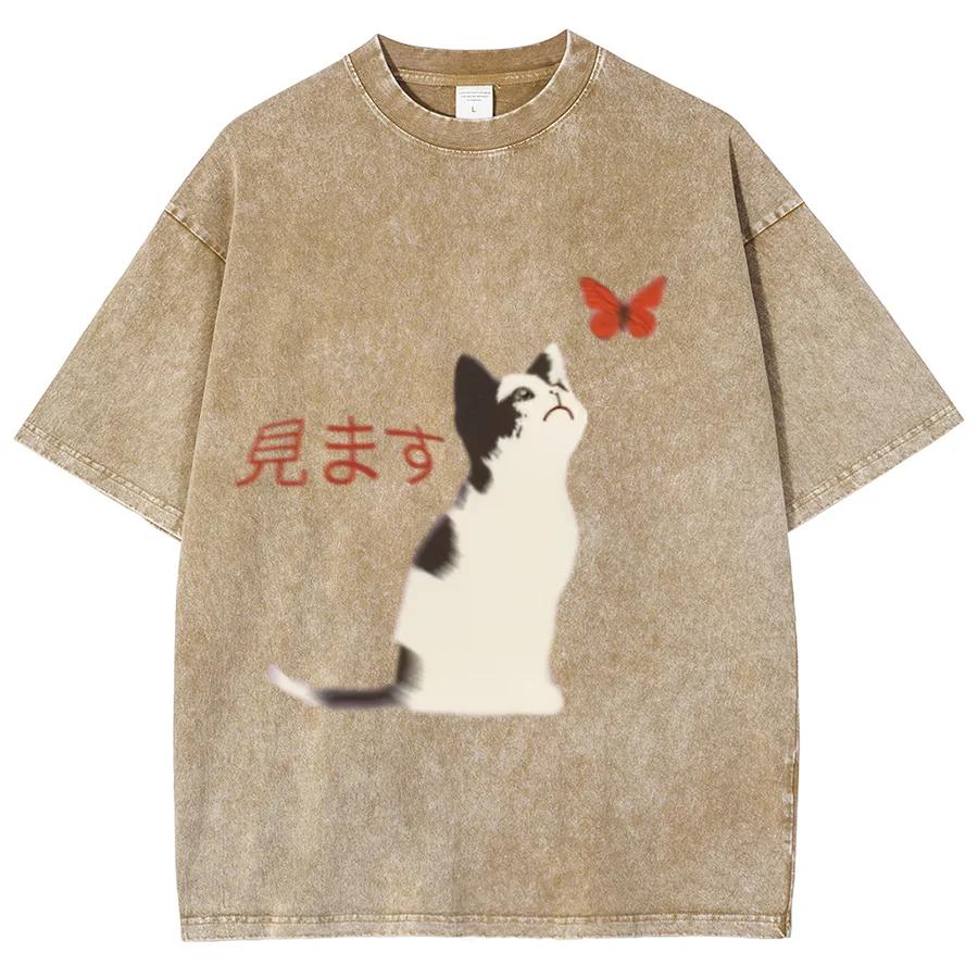 Fit Washed Oversized T-Shirt Casual Women Cotton Washed T-Shirts Summer Beach Simple Cat Print Streetwear Clothes