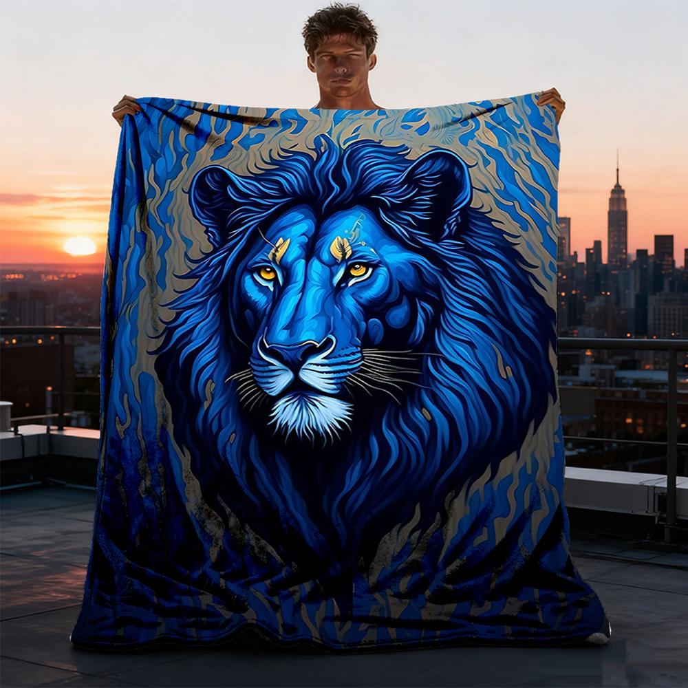 1pc Blue Lion Print Throw Blanket Polyester Fiber, Lightweight Flannel, Soft & Warm, All Season Use for Outdoor, Camping Digital Print