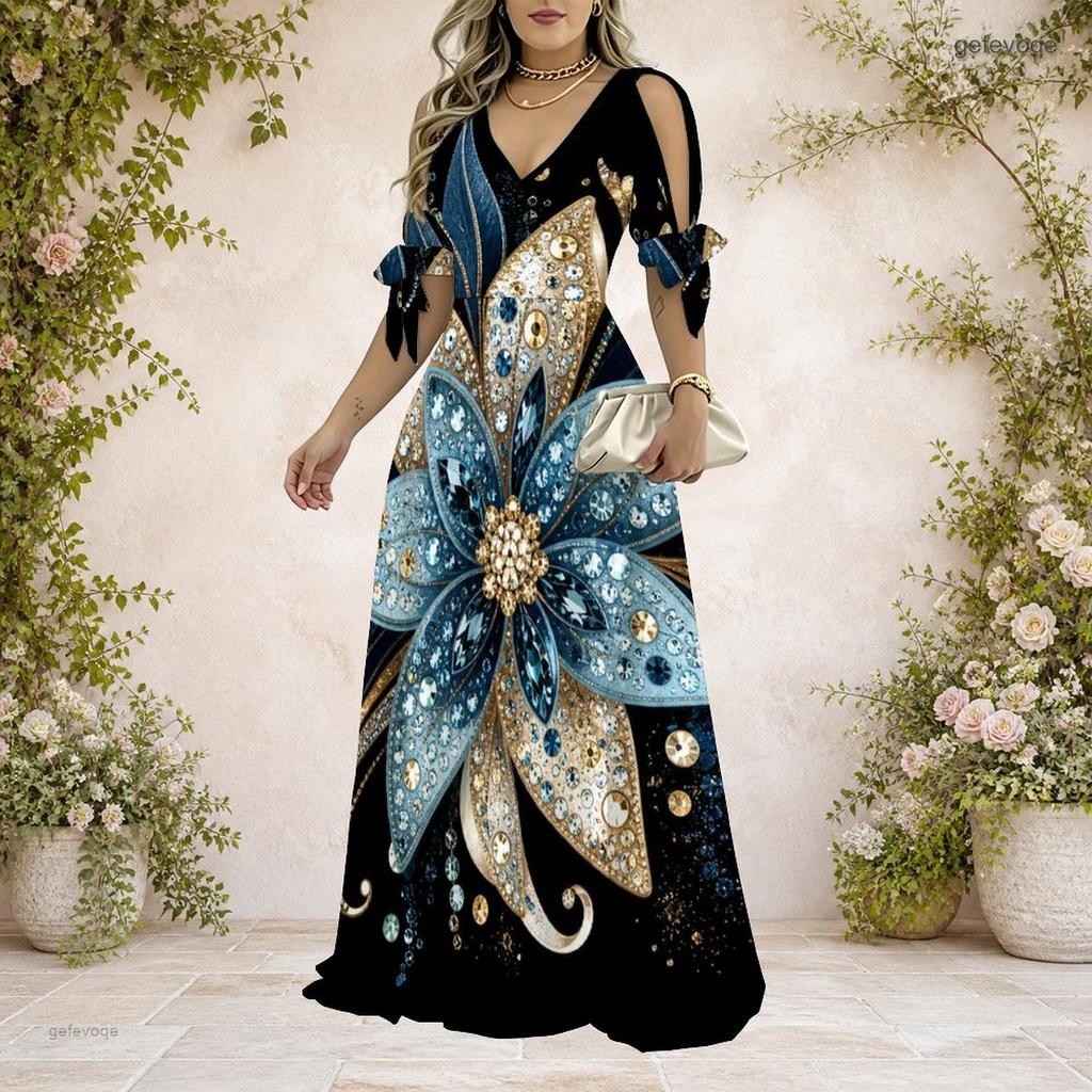 Women Plus Size V Neck Cold Shoulder Short Sleeve Tie Cuffs Printed A Line Long Dress