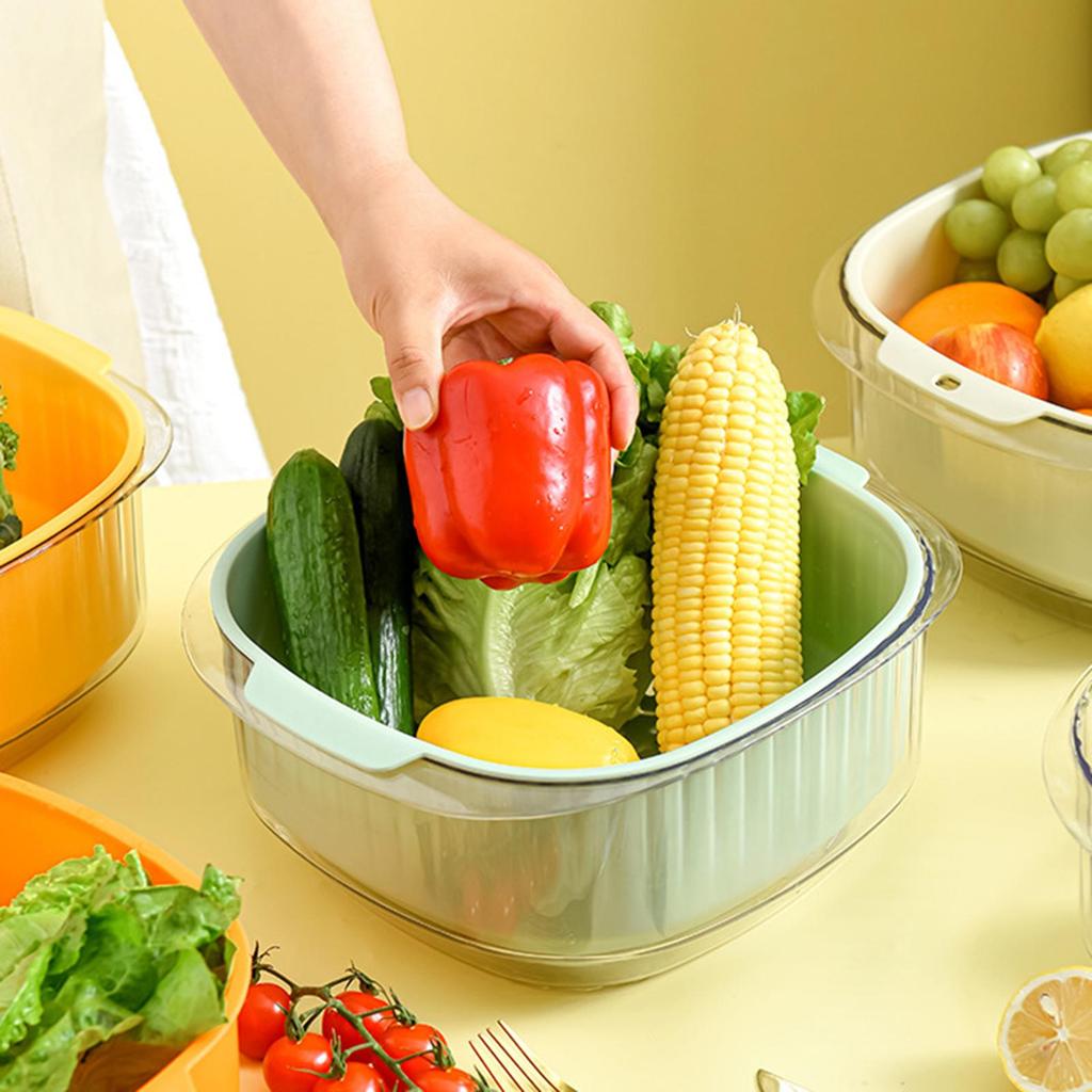 Double Layer Fruit Drain Basin Colander Bowl Large Washing Draining with Hanging Hole Durable for