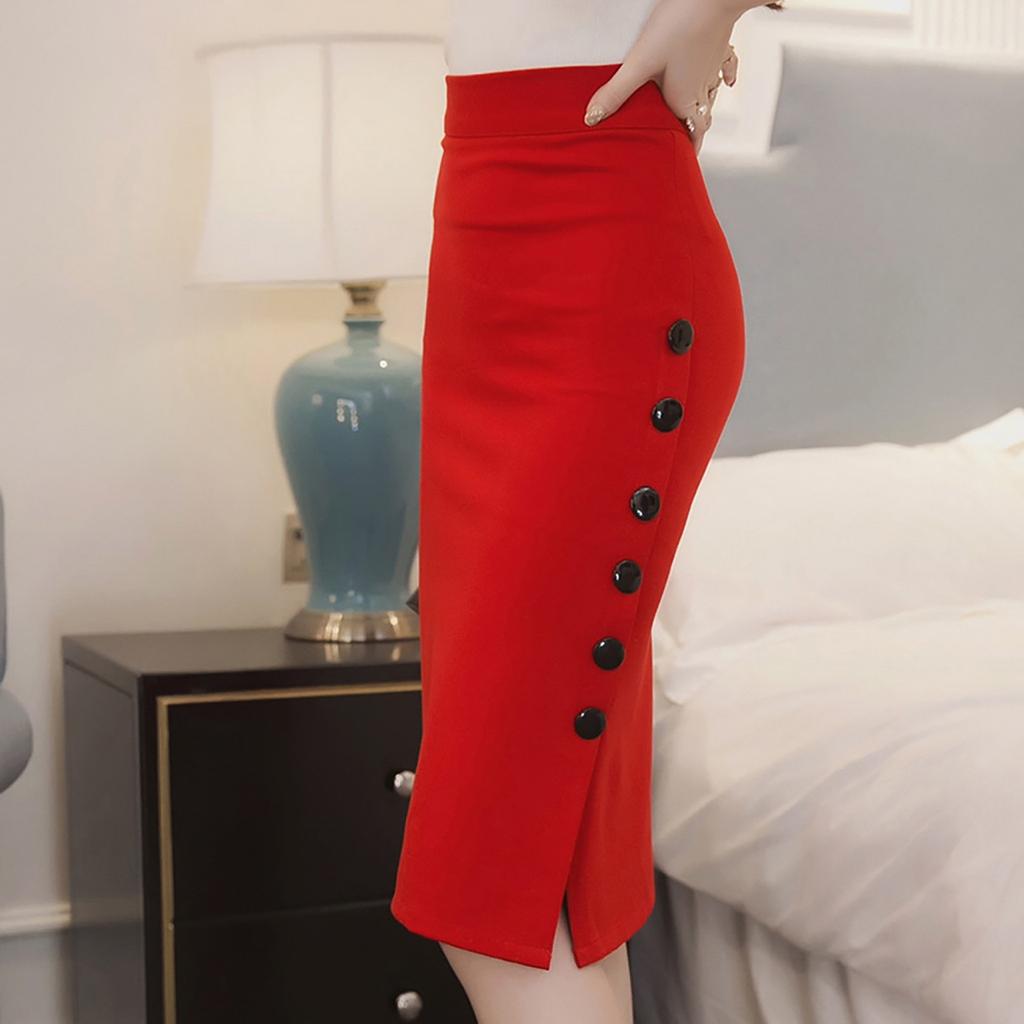 Womens Pencil Skirt Ladies High Waisted Button Split Skirt Multiple Size