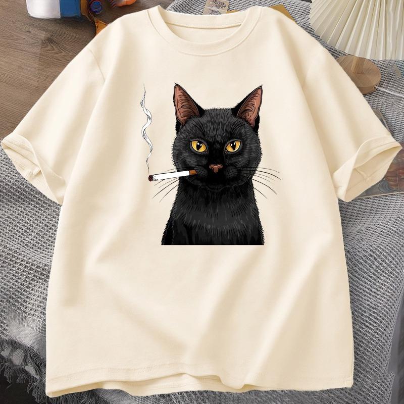 Smoking Cat TShirt Unisex Funny Y2K Vintage Trendy Streetwear Graphic T Shirt Edgy Cat Lover Tshirt Round Neck Short Sleeved Tee