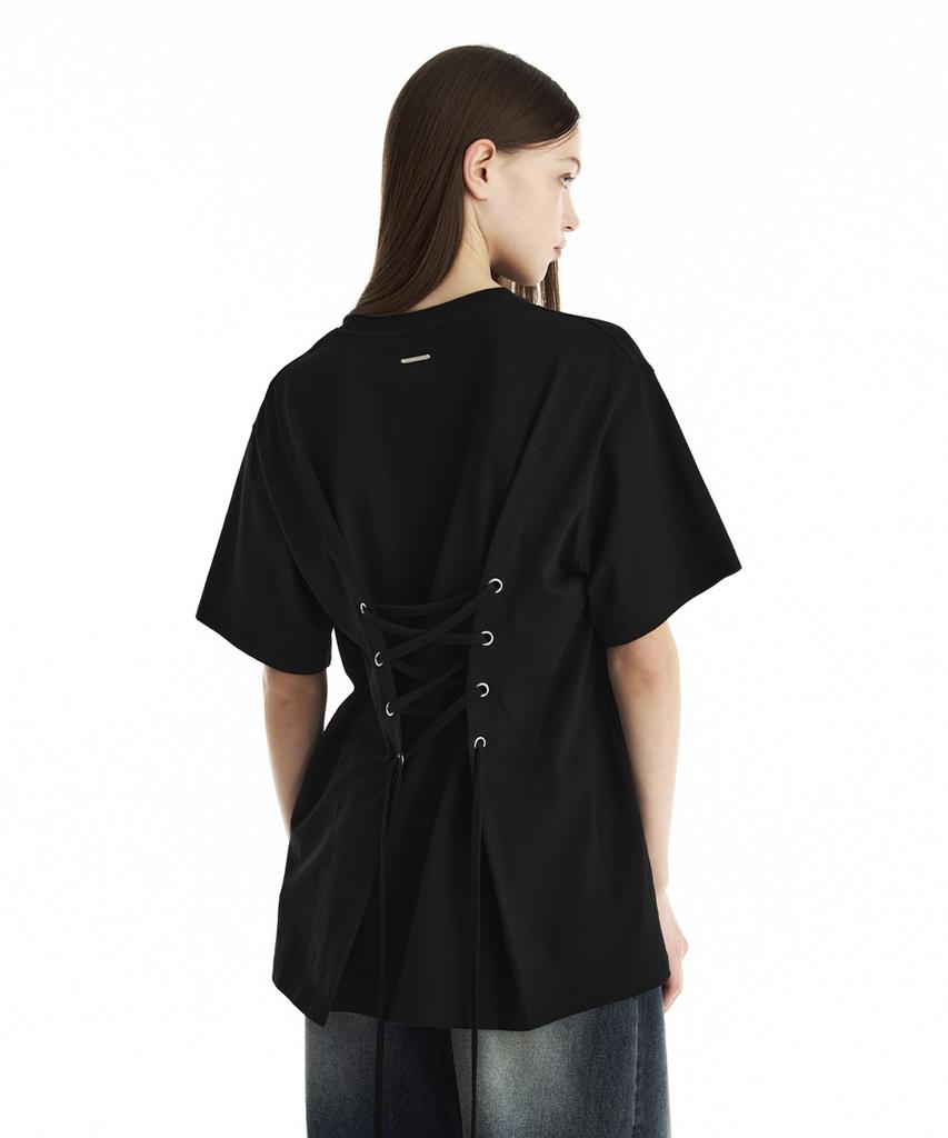Teulimingbeodeu Back Lace-Up Corset T-Shirt [ Black ]