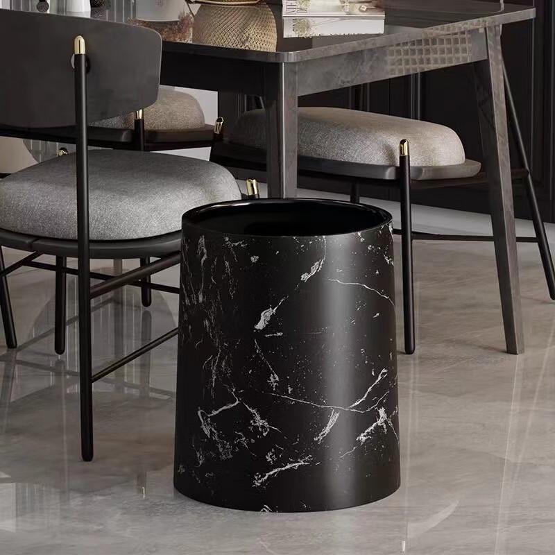 Beiyou Large Round Open-Top Trash Can Set (Black Marble Pattern)