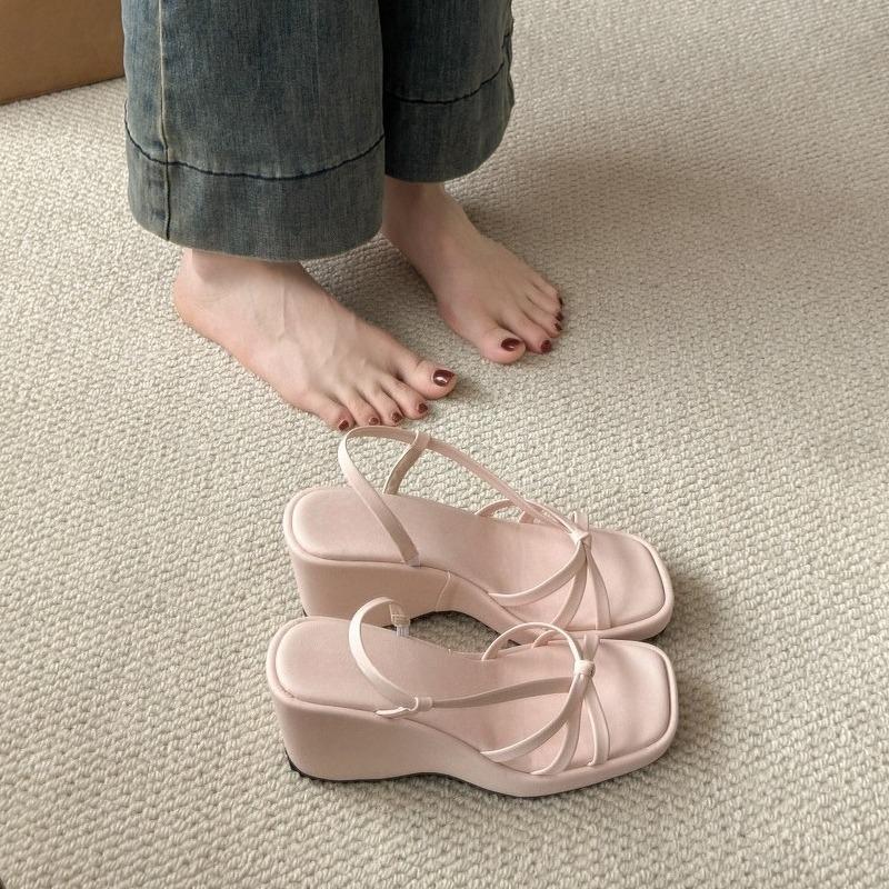 Fashion Platform Heels Summer New Square Toe Open Toe Cross Slim Strap Platform Non-Slip Wear-Resistant Wedge Sandals
