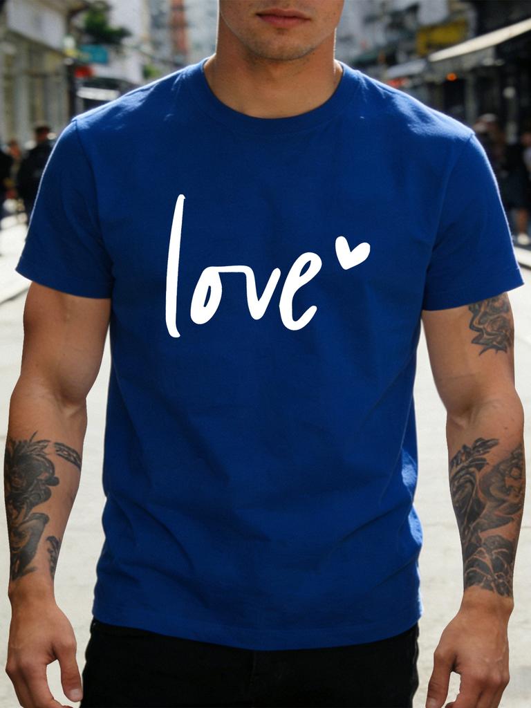 Unisex Black Crew Neck Tee Love Heart Letter Print Short Sleeve Loose Casual Summer Street Basic Top For Male Everyday Wear Outfit