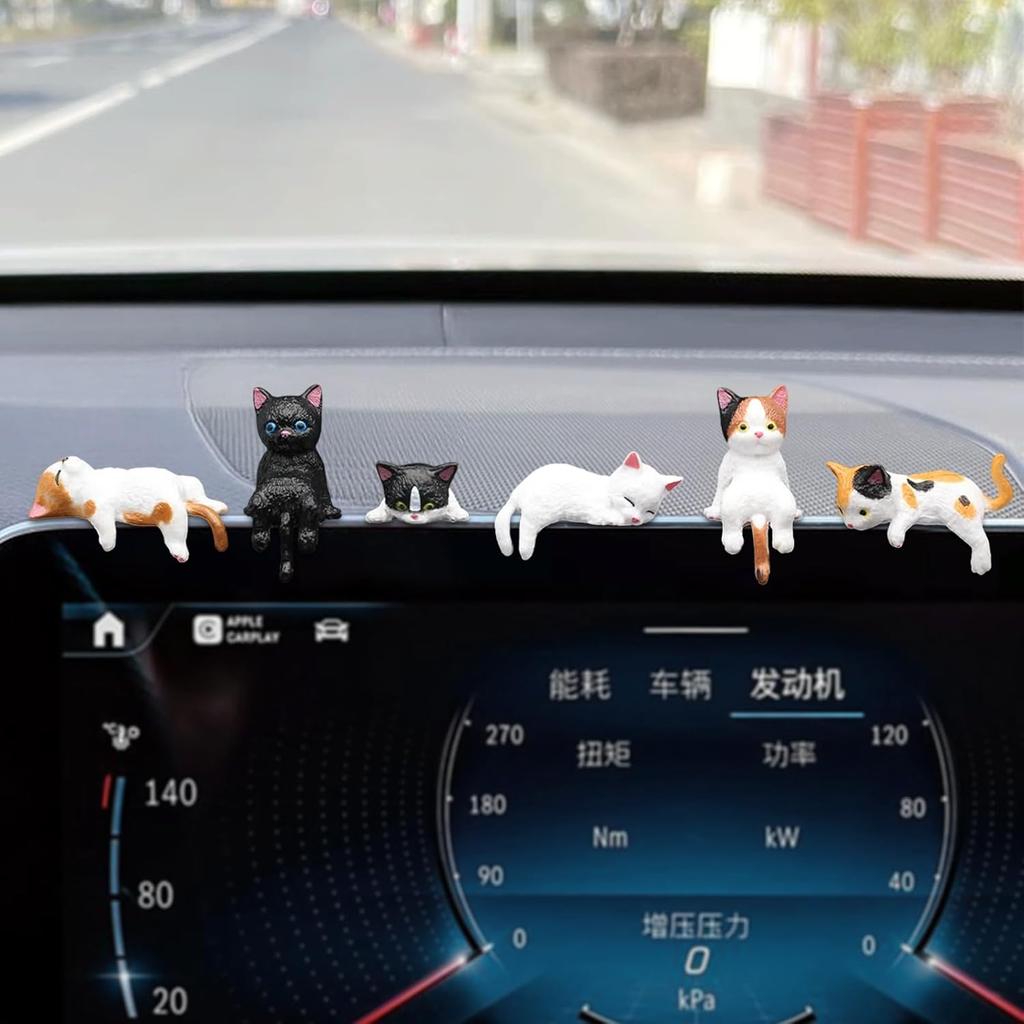 Cat Car Dashboard Decor Rear View Mirror Accessories, Set of 6 Mini Cats Cute Car Decorations Interior, Computer Monitor Figurines for Women Girl