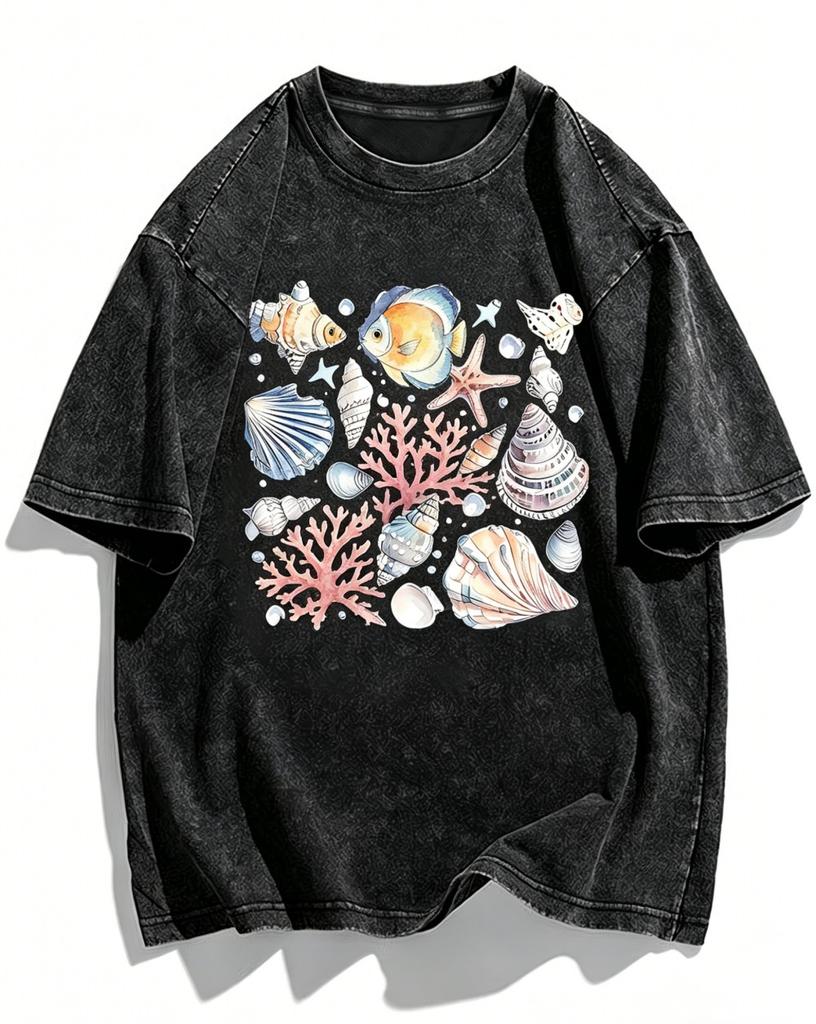Aesthetic Seashell Graphic T-Shirt Vintage Washed Coastal Tee Tropical Fish Coral Print Top Creative Nautical Fashion Apparel