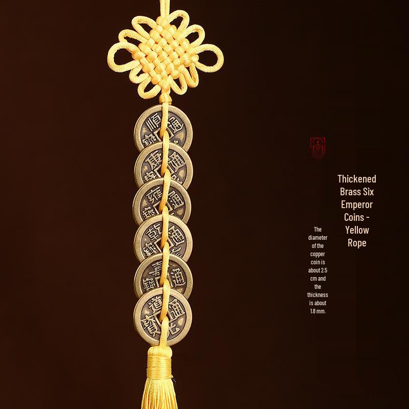 Reines Messing Fünf/Sechs Kaiser Münzen Anhänger mit Chinesischem Knoten, Rot-Gelb, Verdickt 2,5cm-2,8cm Kupfermünzen