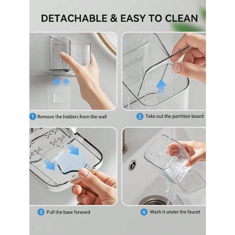 1pc Transparent Toothbrush Holder, Compartment Wall Mount Storage Rack, Creative No-Drill Bathroom Organizer
