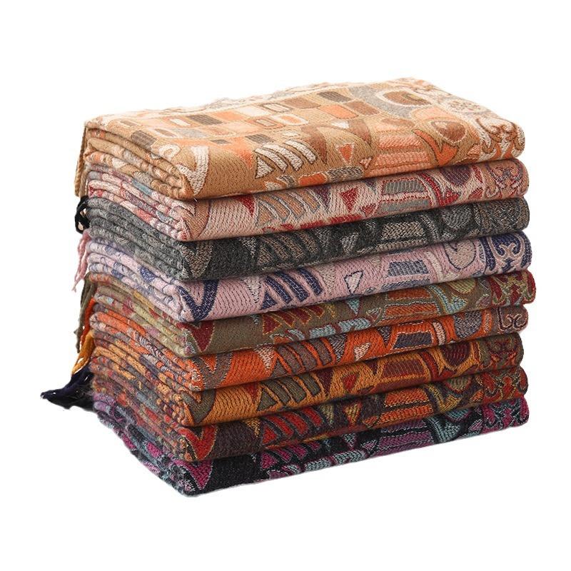 Ethnic Style Scarf for Women Winter High End Imitation Cashmere Scarf Versatile Ladies Shawl Tassel Retro Jacquard Scarf