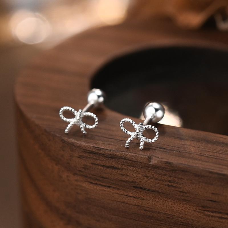 S999 Sterling Silver High-quality Bow Screws Earrings for Women Korean Fashion Small Simple Ear Accessories