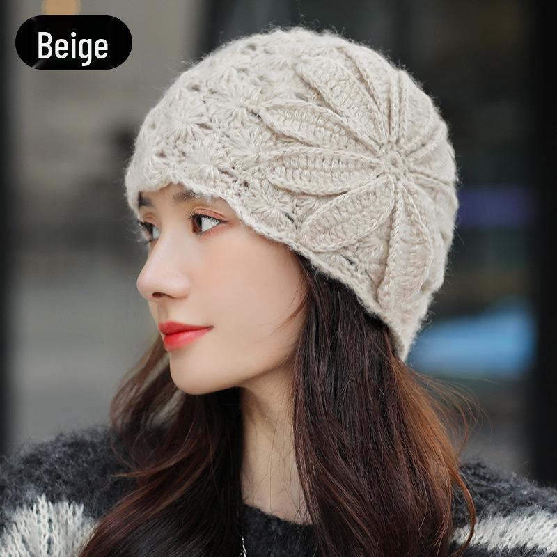 

Жіночий берет ручної в язки гачком у корейському стилі з мохеру - Осінньо-зимовий дизайн з порожнистою квіткою, тепла вовняна в язана шапка M (56-58cm)