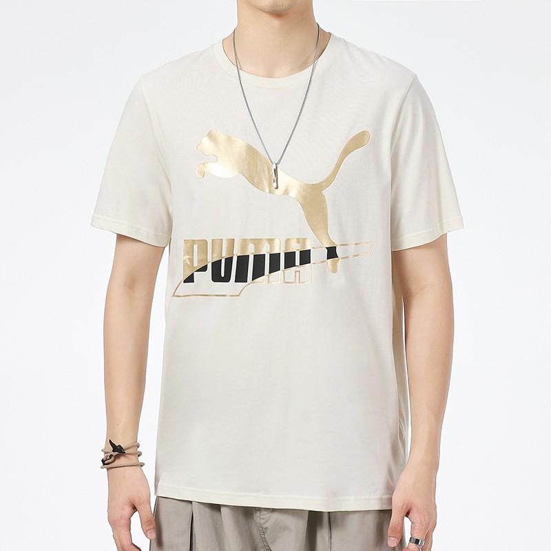 Puma Gold Foil Logo Print Sports Crew Neck T-Shirt Men Tops Off-White 534147-73