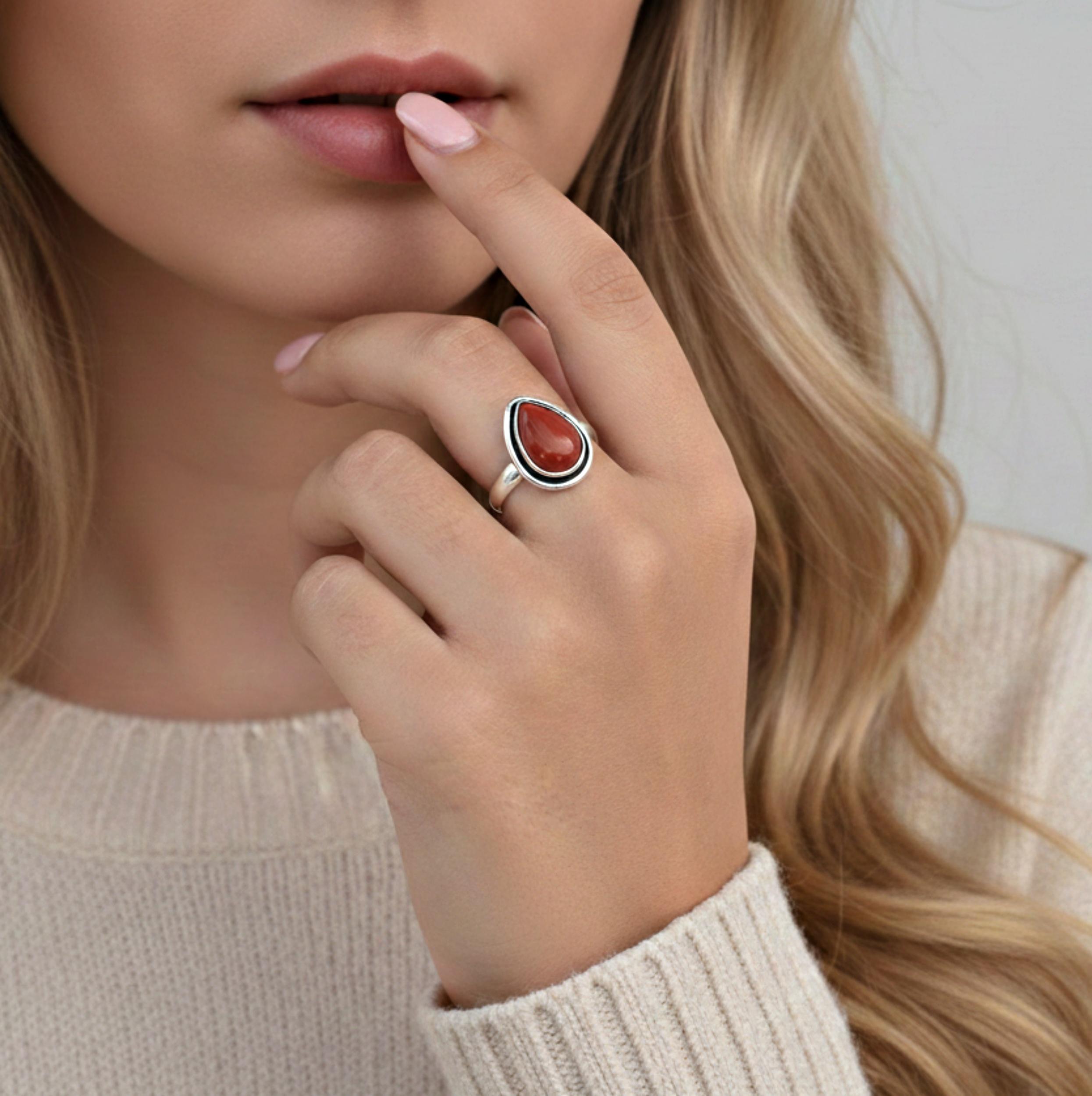 

Pear Cut Red Coral Ring, 925 Sterling Silver, Simple Everyday Wear Jewelry for Women 4