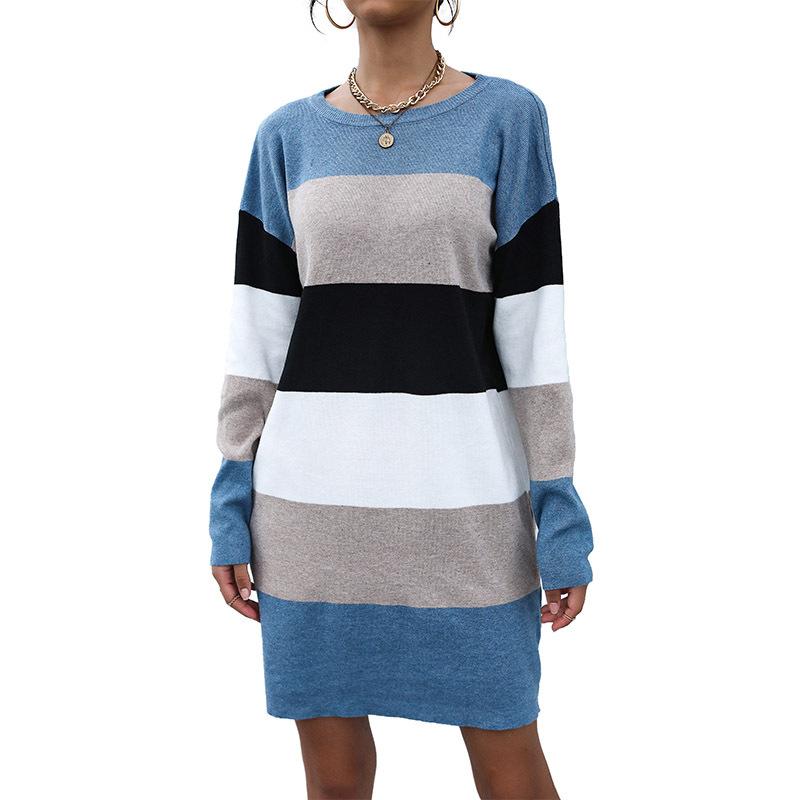 Casual Fashionable and Elegant Women's Early Fall Colorblocking Long-sleeved Sweater Dresses
