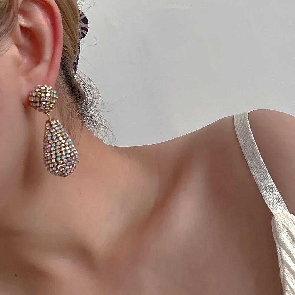 Women Gold Plated Alloy Full Rhinestone Water Drop Dangle Earrings Long Hanging Jewelry