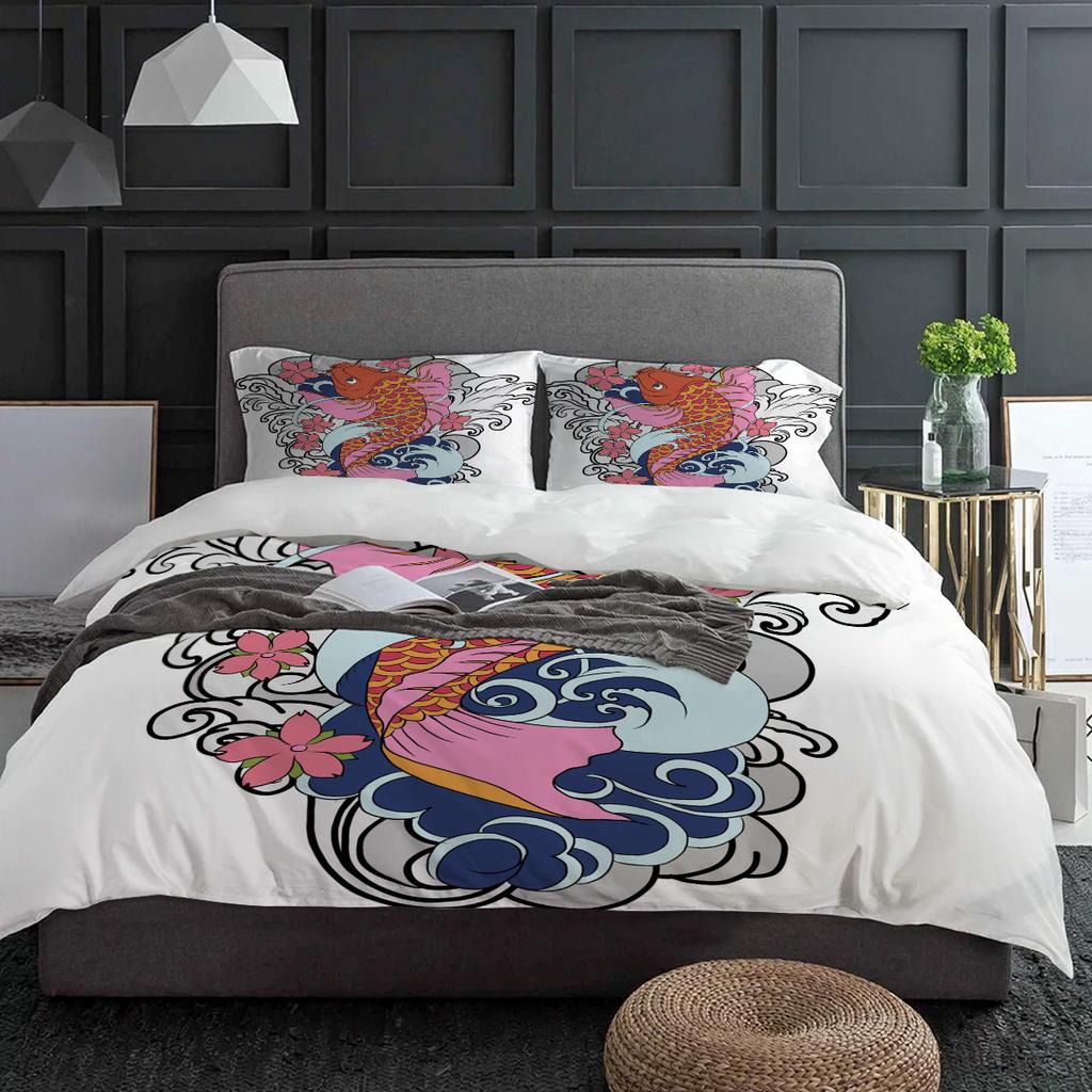 Koi Flowers Water Waves Carp Bedding Set 3pcs Duvet Cover Pillowcase Kids Adult Quilt Cover Double Bed Set Home Textile