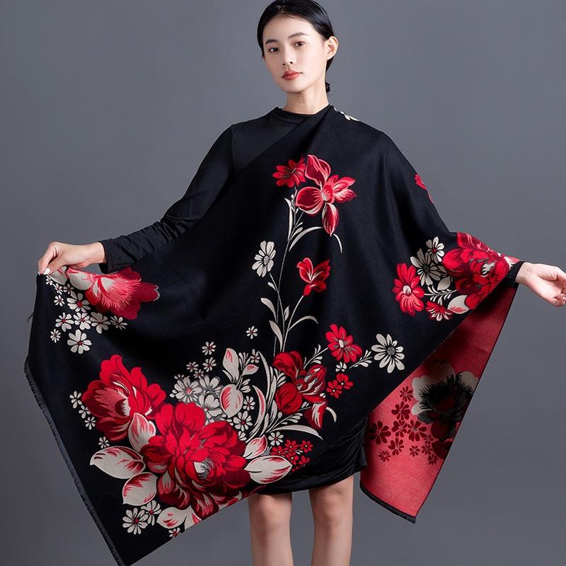 Women S Warm Faux Cashmere Flower Jacquard Scarf Versatile Shawl