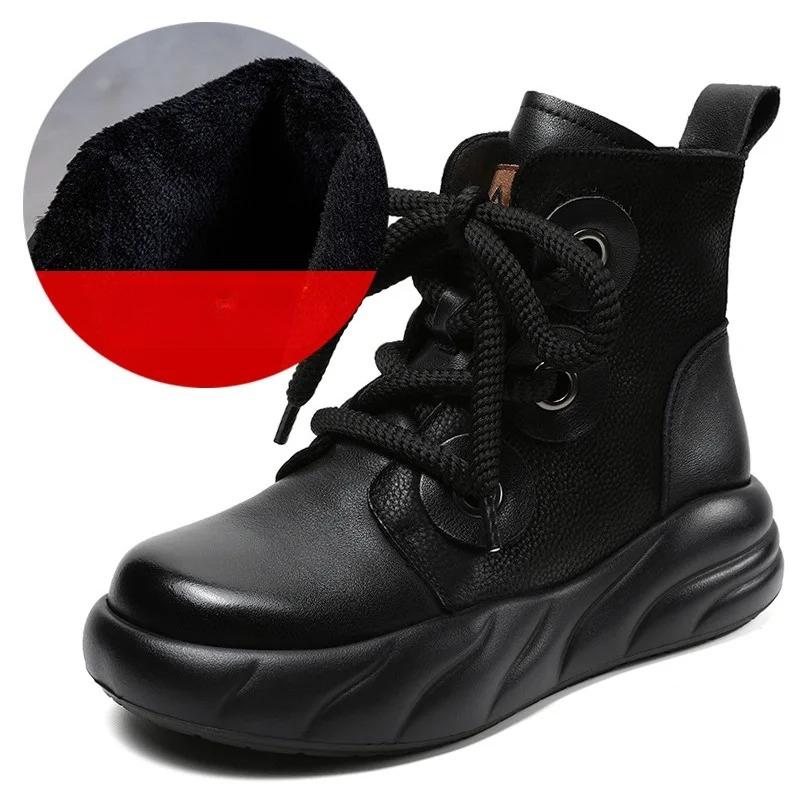 

Johnature Genuine Leather Short Boots Retro Versatile Plush Warm Thick Bottom Side Zipper Women s Boots 40-Plush чорний