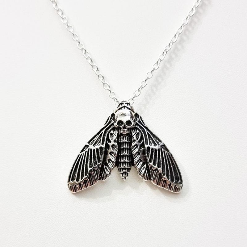 Gothic Silver Moth Pendant Necklace for Halloween