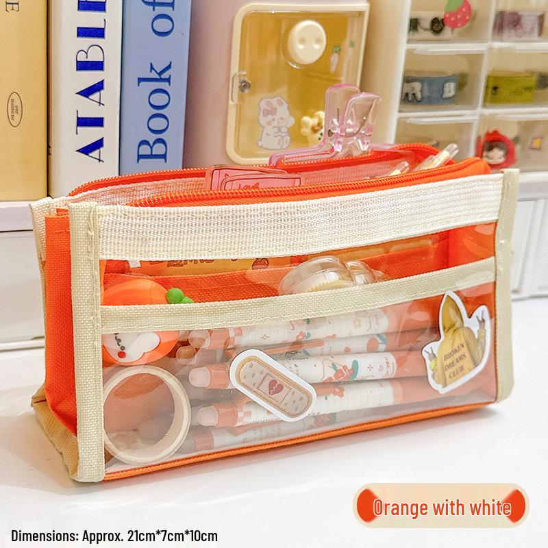 Dopamine Color Block Transparent Pencil Case: Multi-Layer Patchwork Design for Students