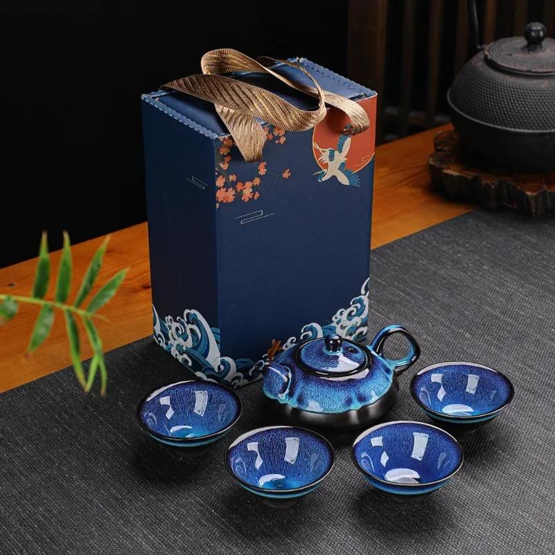 Teiera e tazza in ceramica Set da tè Teiera Kung Fu Set da tè Jun Kiln Change Teiera e tazza da tè Set da tè cinese Alluvial Gold Tazza
