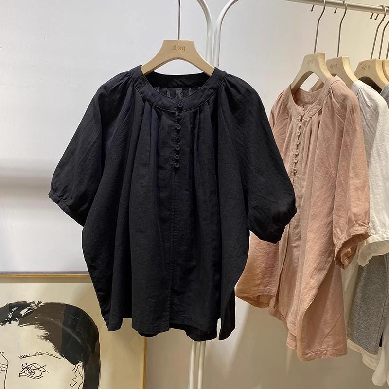 Korean Style Retro Stand Collar Loose Fit Short Sleeve Women's Doll Shirt