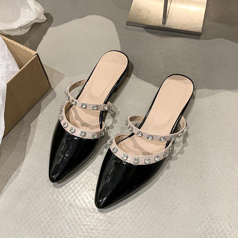 Fashion Baotou Low Heel Slippers Summer New Pointed Head Shallow Mouth Rivet Soft Sole Anti-slip Wear-resistant Sandals