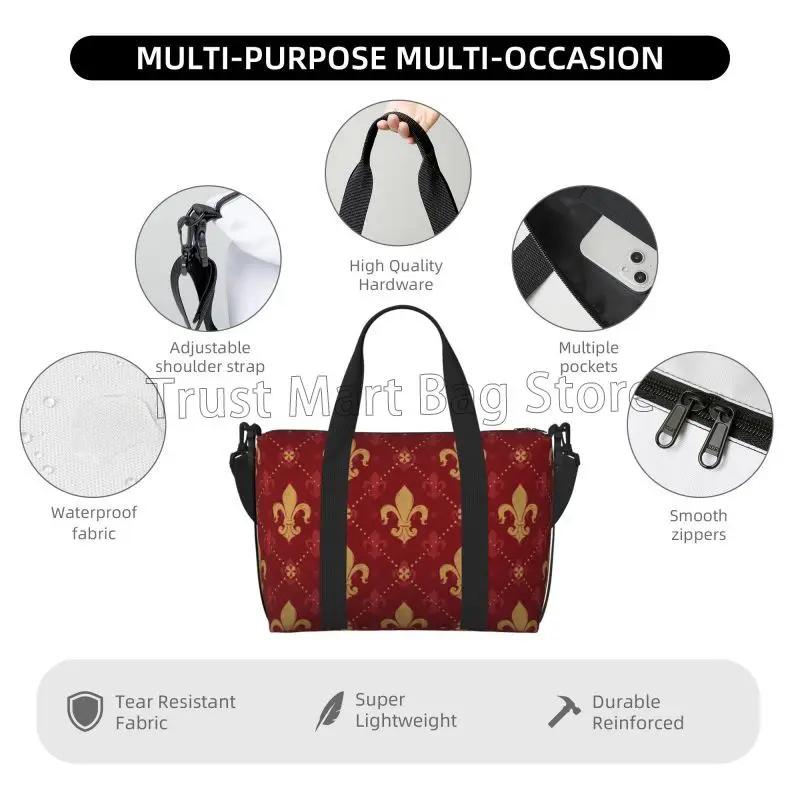 Heraldic Red Lis Expensive Kingly Gold Lily LYS Fleur Pattern Travel Duffel Bag Weekender Overnight Bag Large Capacity Tote Bags