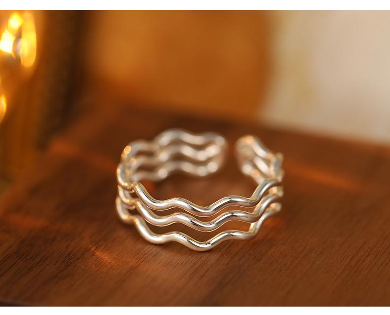 Banyan Tree S925 Silver Triple Wave Korean Ring, Adjustable Plain Cold-Style