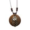 Ethnic Style Cotton-Linen Wooden Sweater Chain Necklace with Alloy Leaf Pendant