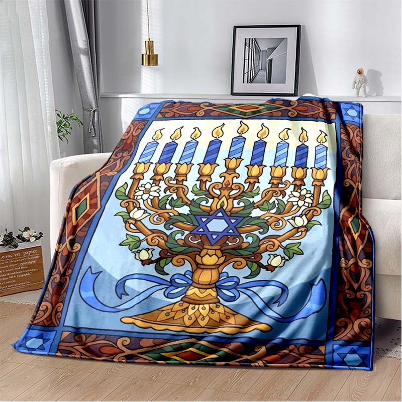 Jewish Holiday Golden Menorah Star David Black Yellow Border Print Soft Flannel Throw Blanket Sofa Bed Warm Decor Cover For Religious Festival Fans