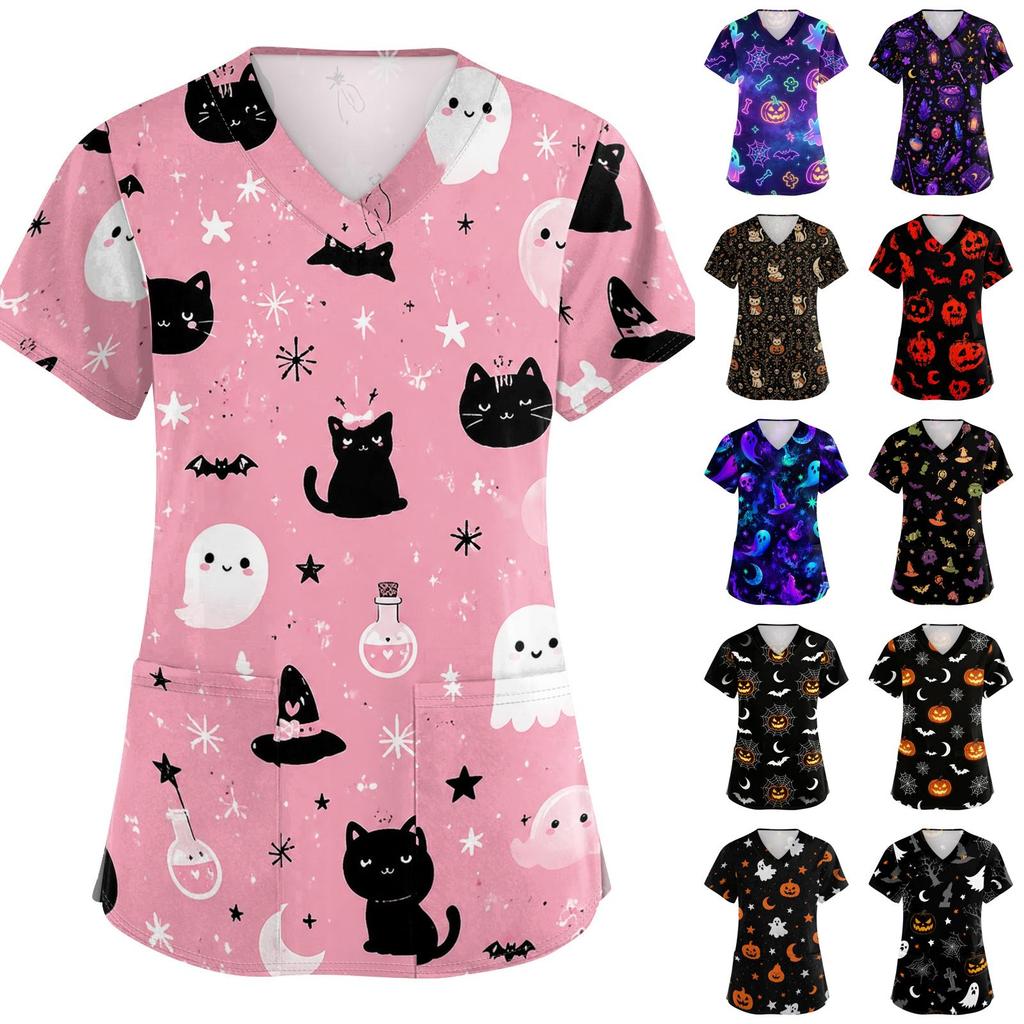 Women V Neck Halloween Print Short Sleeve Medical Scrub Top with Pocket Side Slit Design Comfortable Fit Workwear