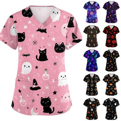 Women V Neck Halloween Print Short Sleeve Medical Scrub Top with Pocket Side Slit Design Comfortable Fit Workwear