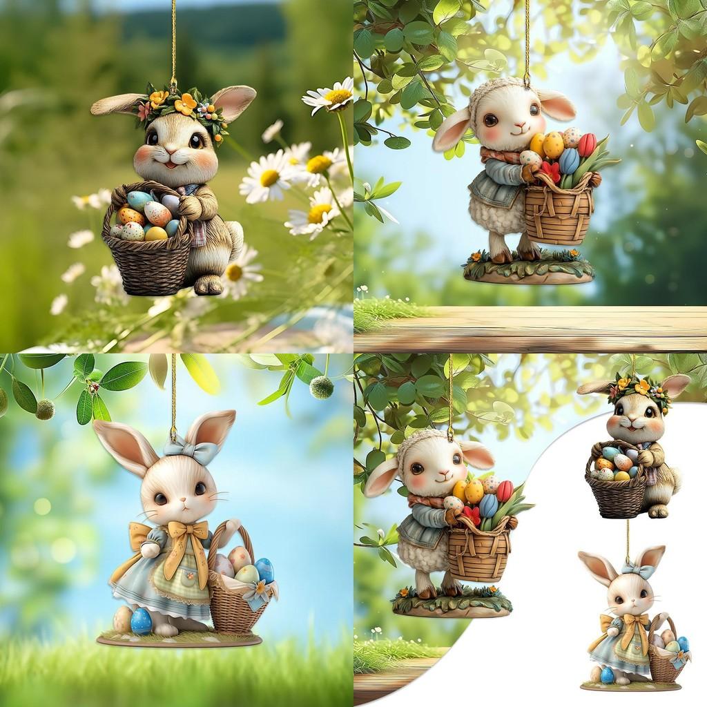 Easter Little Rabbit Holding Eggs Acrylic Car Pendant With Cartoon Style Keychain For Vehicle Interior Decor