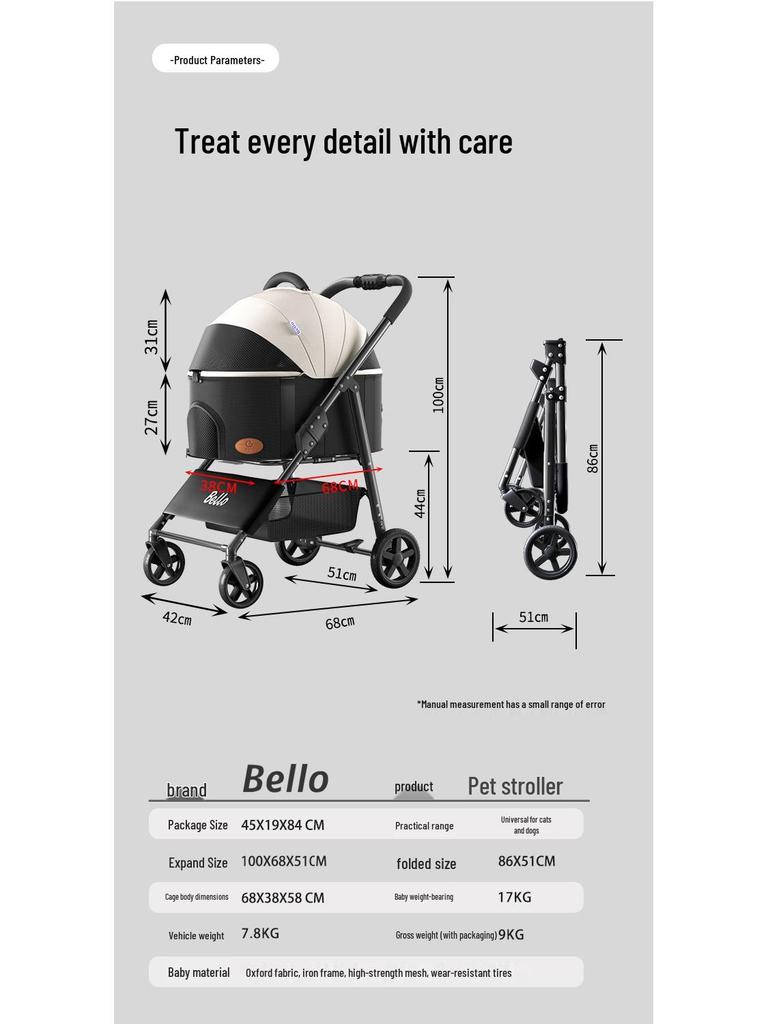 Bello Suministros para Mascotas Cochecito con Impermeable y Cojín de Asiento Extraíble para Perros