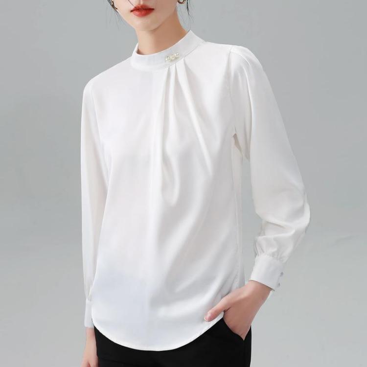 Women Comfortable Chiffon Pleated Beads Long Sleeve Satin Top Temperament Inner Top Updated Fit