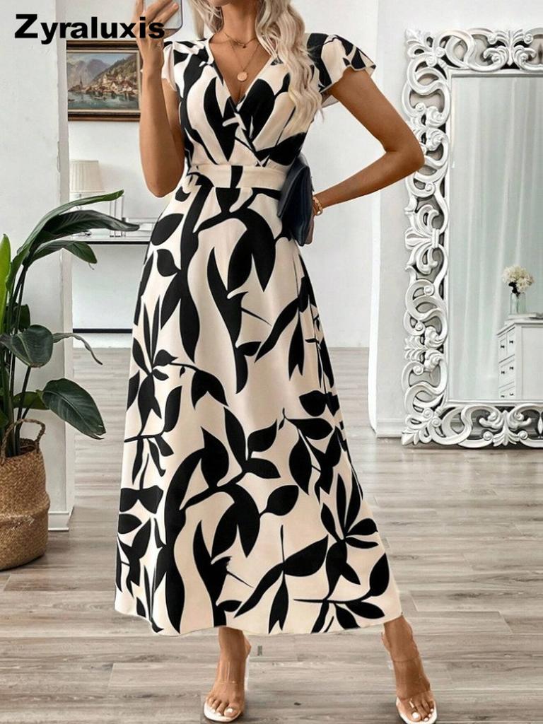 Women's Summer Fashion Printed V-Neck Ruffled Dress