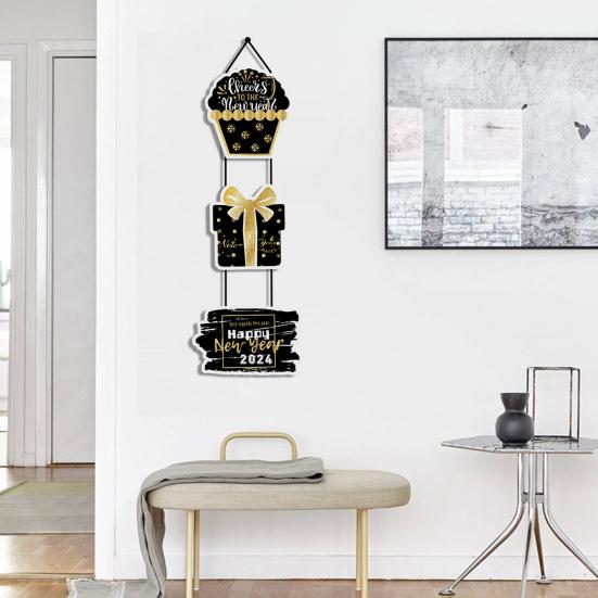 3ks 2024 Dveřní plaketa na Silvestrovský večírek se závěsným lanem Vytvořte slavnostní atmosféru Jemné zpracování Dveřní cedule