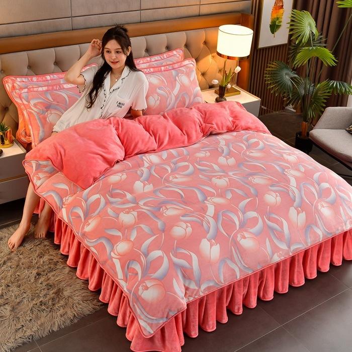 Light luxury high-end thickened milk fleece four-piece set, winter warm quilt cover, double-sided coral fleece anti-static three-piece set