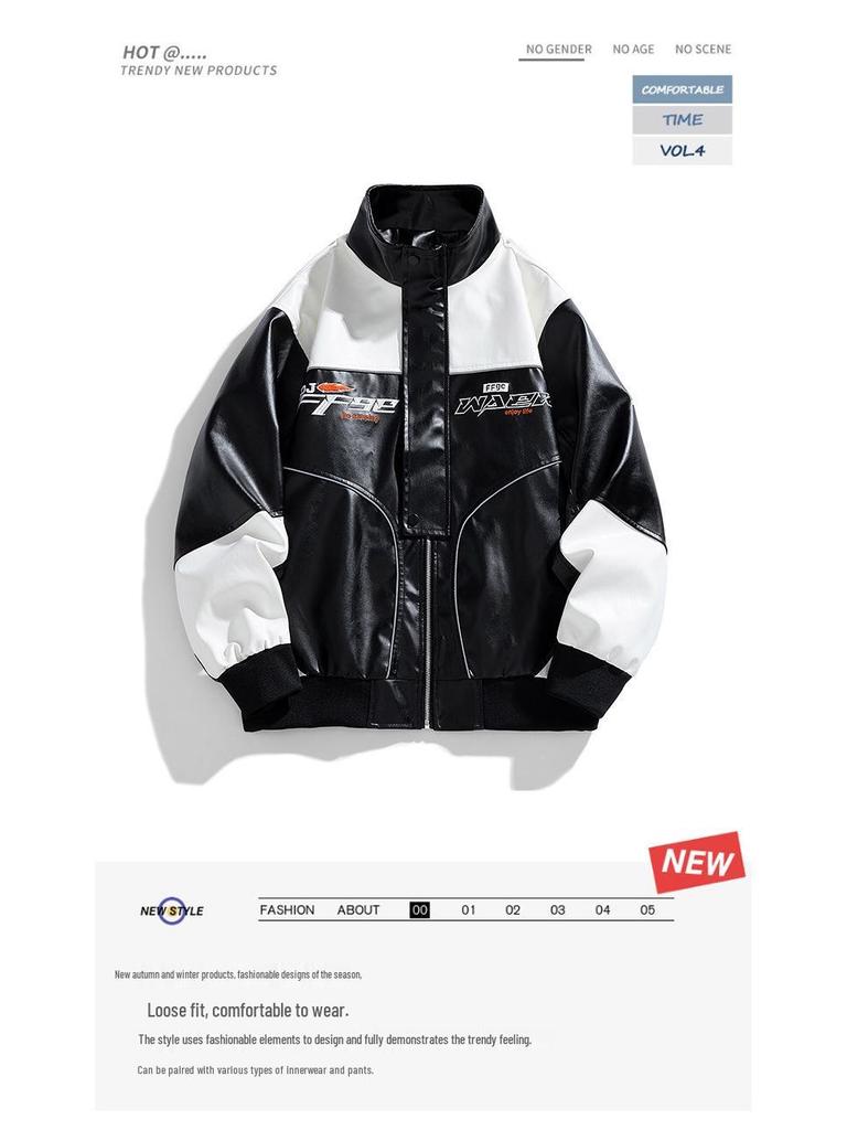 American Style PU Leather Men's Retro Motorcycle Jacket - Stand Collar, Color Block, Spring/Autumn Coat