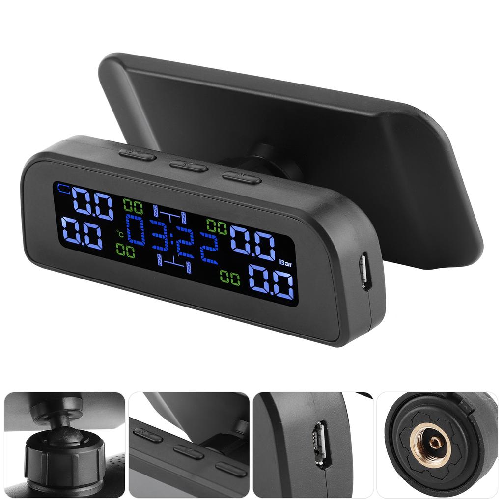 Solar Power Tire Pressure Monitoring System LCD Display Car TPMS with Externa Sensor Clock Designed