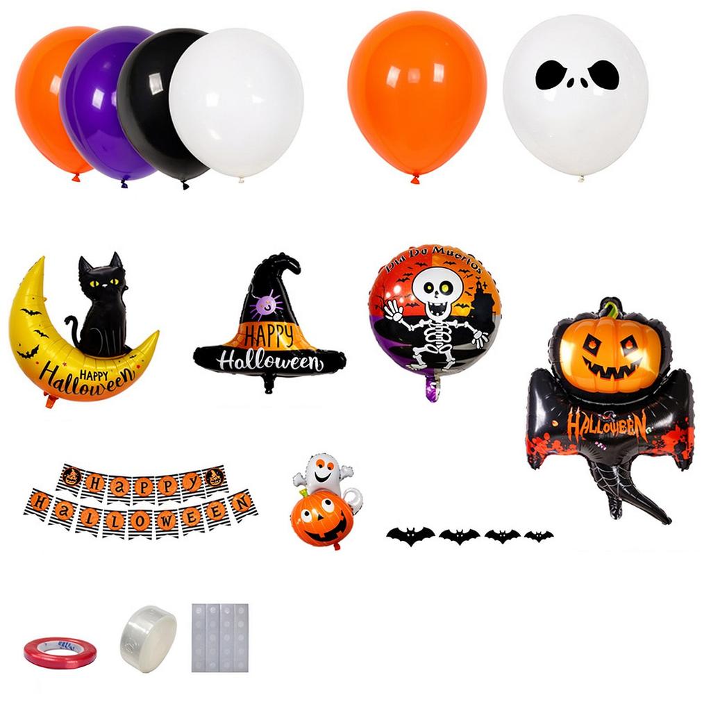 Halloween Party Decoration Set – Orange & Black Balloons, Face Banners, Witch Hat Elements For Holiday Setup