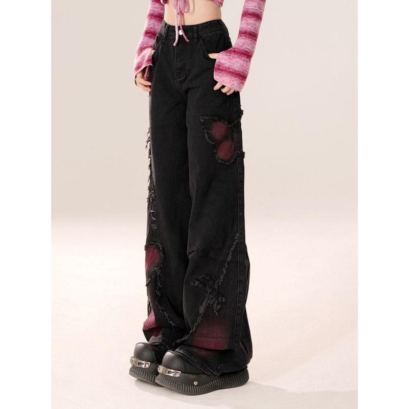 Calça jeans feminina preta gótica larga Harajuku Y2k estética borboleta calças jeans coreanas calças jeans vintage roupas trashy