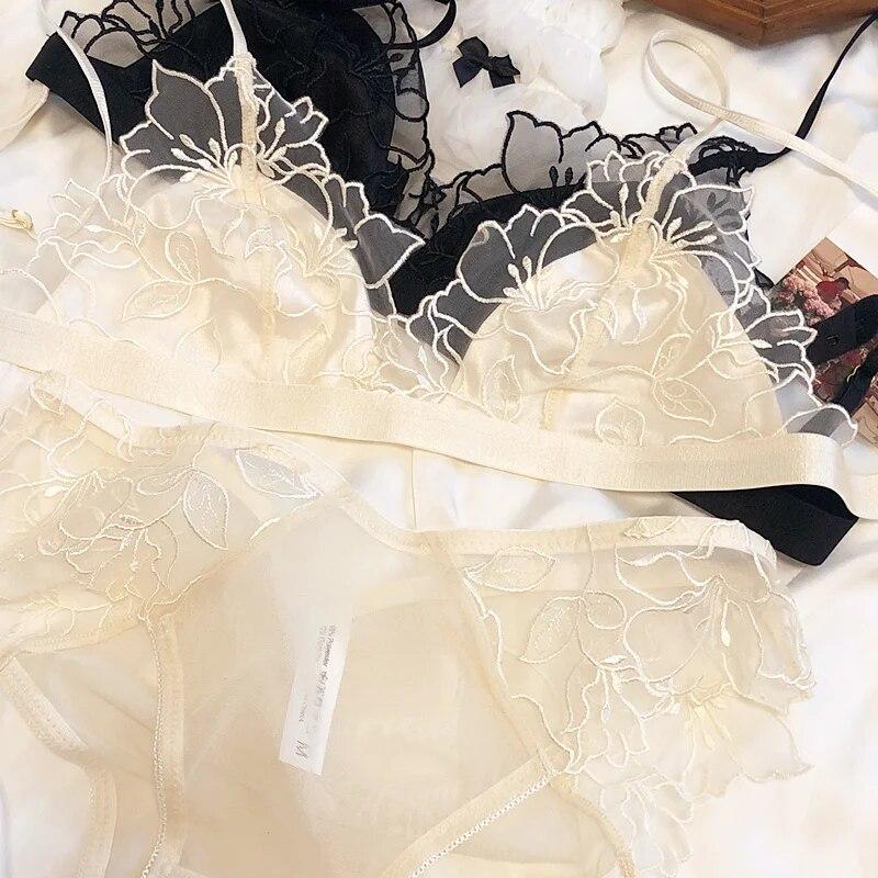 Französisches Damen-Unterwäsche-Set, sexy, ultradünnes BH-Set, Spitze, Stickerei, Bralette, Komfort, Dreieck-Cup-BHs, atmungsaktive Mesh-Dessous